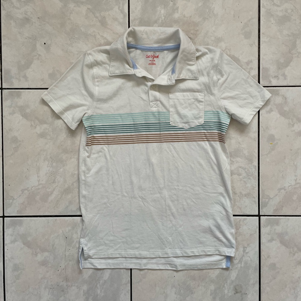 CAT & JACK | Boys White Striped Collar Casual Tee Shirt M 8/10